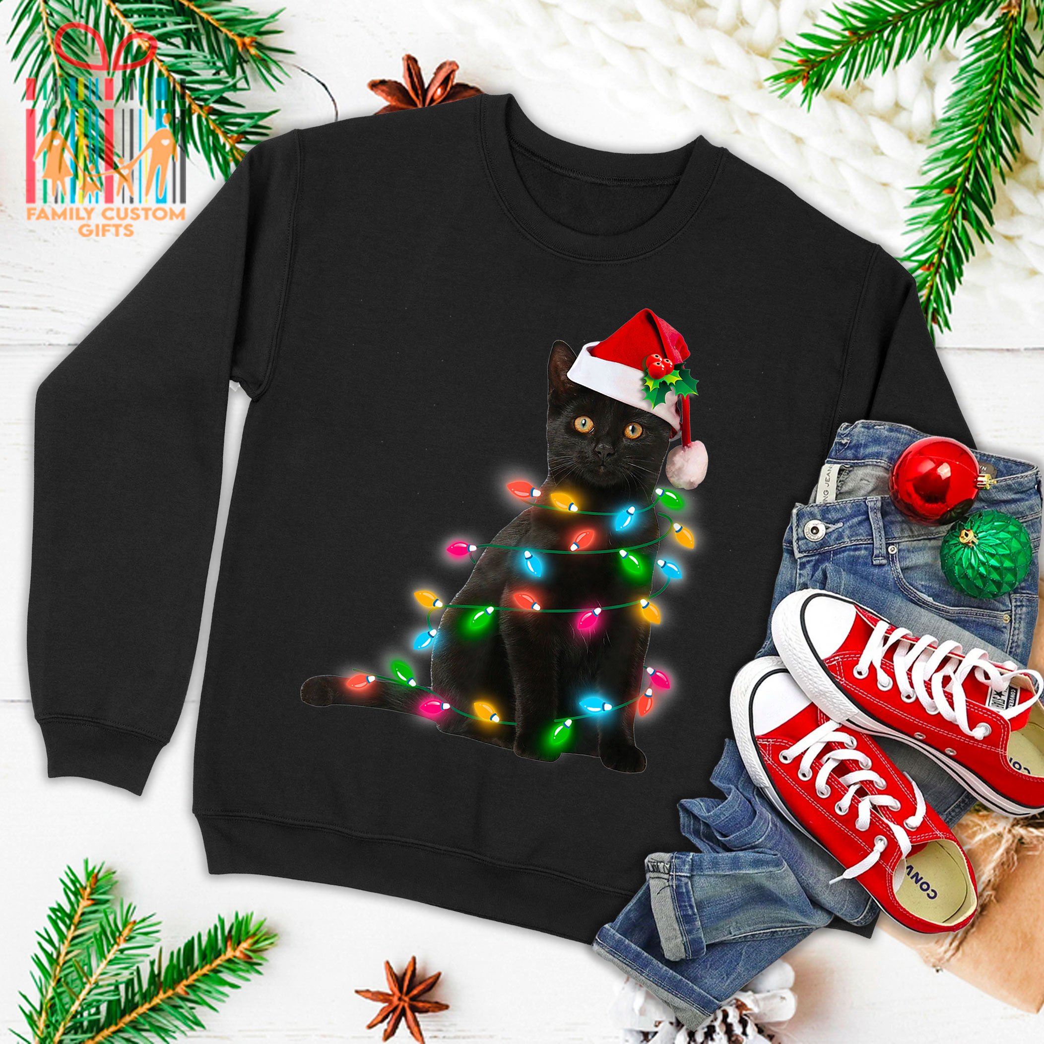 Black Cat Christmas Light Tshirt Funny Cat Lover Christmas Ugly Christmas Sweater T-Shirt