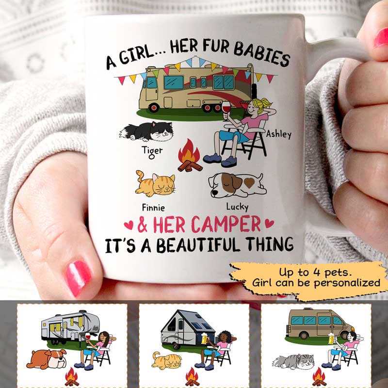 A Camping Girl And Her Fur Babies Dogs Cats Personalized Mug