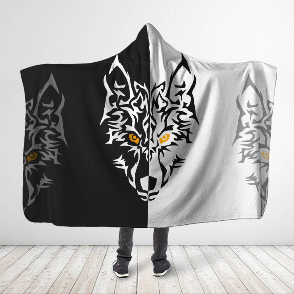 ViticStore™ Wolf 3D All Over Printed Wolf Face – Black And White Hooded Blanket