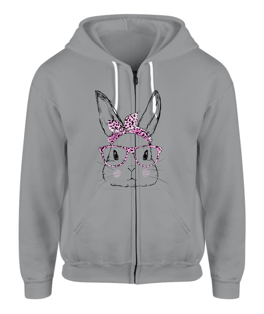 Cute Bunny Face Hoodie Leopard Print Glasses Easter Zip-Up Hoodie