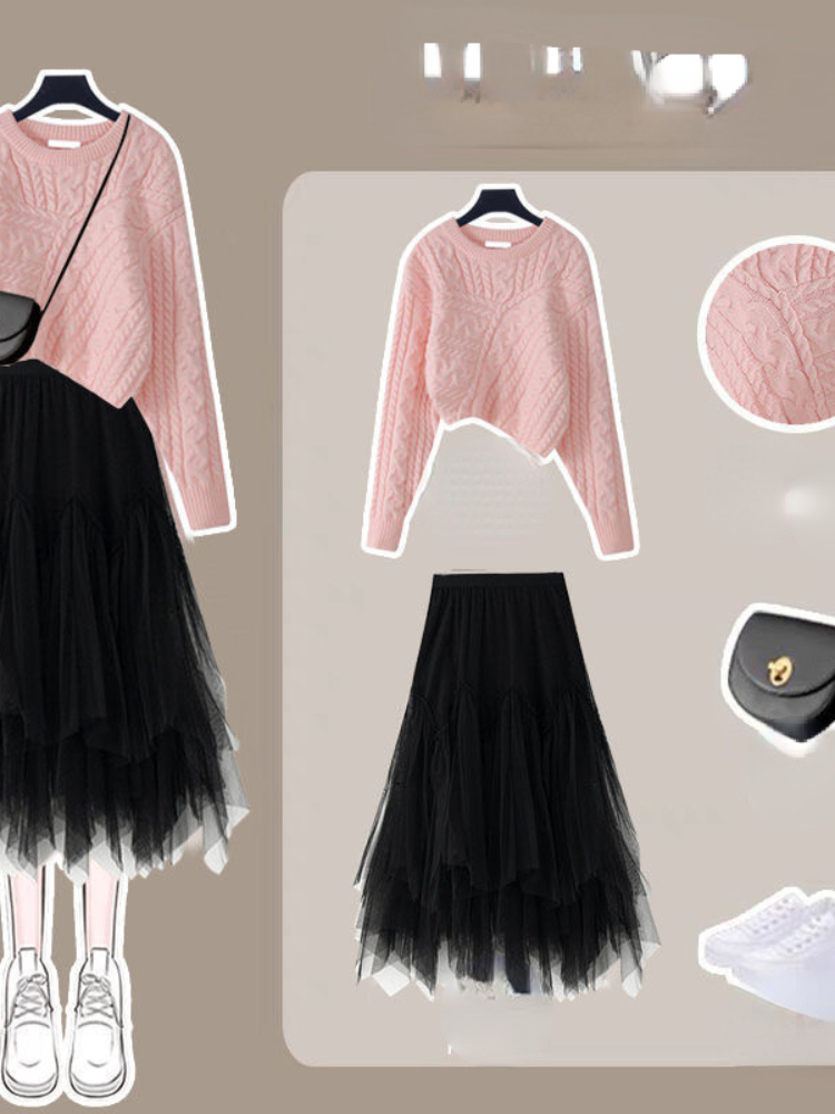 Woman Vintage Knit Two Piece Set Female Sweater Cardigan Coat Crop Top and Midi Mesh Skirts Sets Ladies Fashion Casual Suit G508 alx