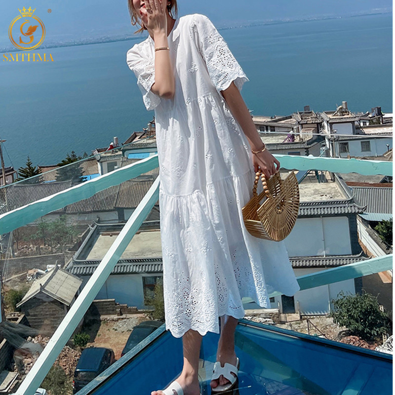 SMTHMA 2022 New Arrival Sweet Summer Vacation Dresses Women’s Lace Hollow Out Embroidered White Loose Dress Vestidos alx