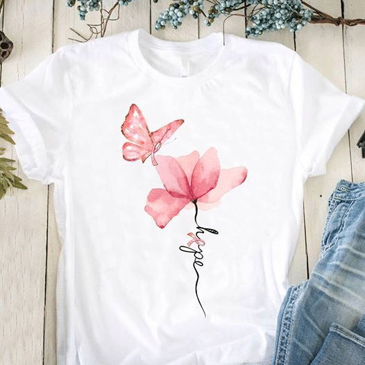 Flower A Woman Breast Cancer Awareness Hope Butterfly T Shirt Hoodie Sweater Size S-5Xl