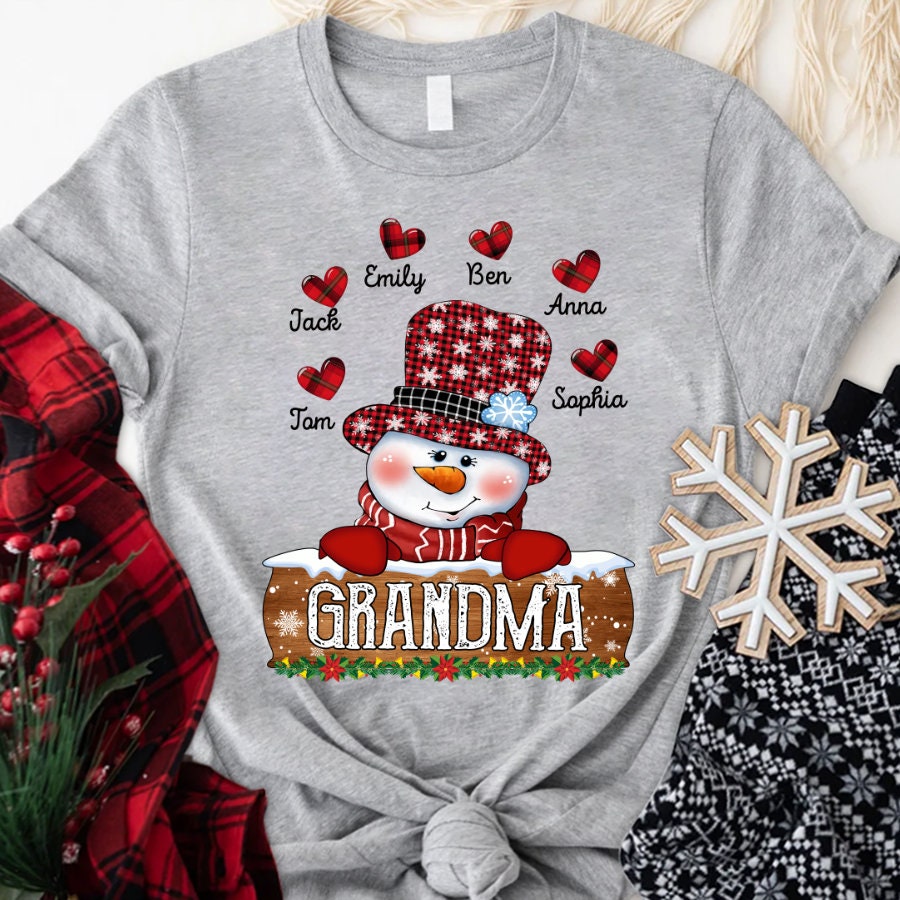 Personalized Grandma Snowman Sweet Heart Shirt, Christmas Grandma Snowman Shirt, Xmas Red Plaid Mimi Shirt, Nana Snowman Xmas Shirt