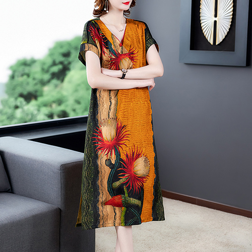 2022 Summer High Quality Natural Silk Dress Fashion Vintage Print Runway Midi Dress Elegant Women Bodycon Vestido alx