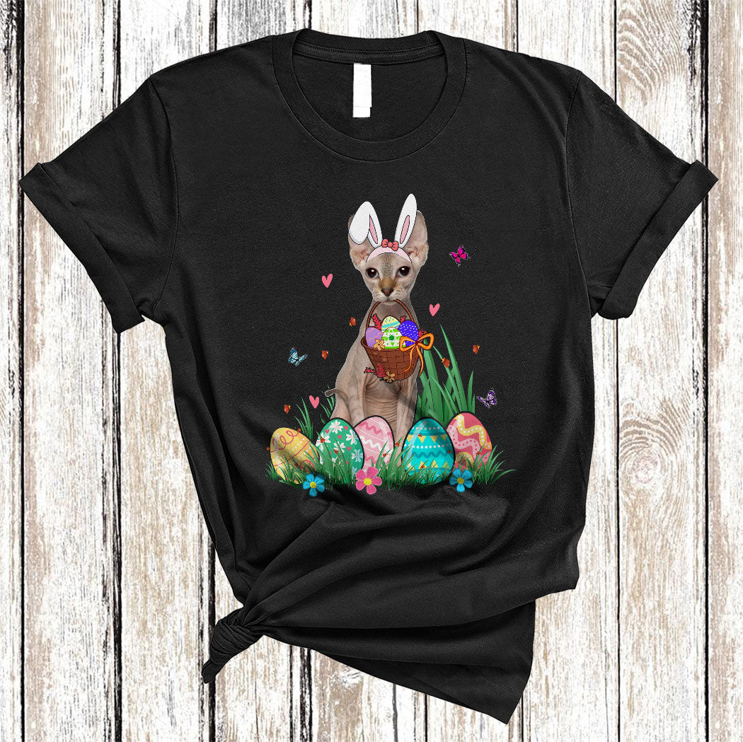 Bunny Sphynx Cat With Easter Egg Basket Funny Easter Day Flower Egg Hunt Cat Lover Gifts T-Shirt