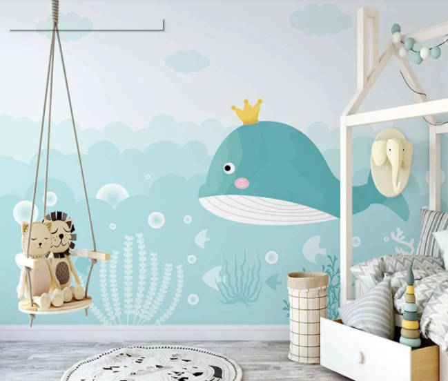 3D Cartoon Blue Ocean Crown Whale Fish Seaweed Cloud Wall Mural Wallpaper Lxl