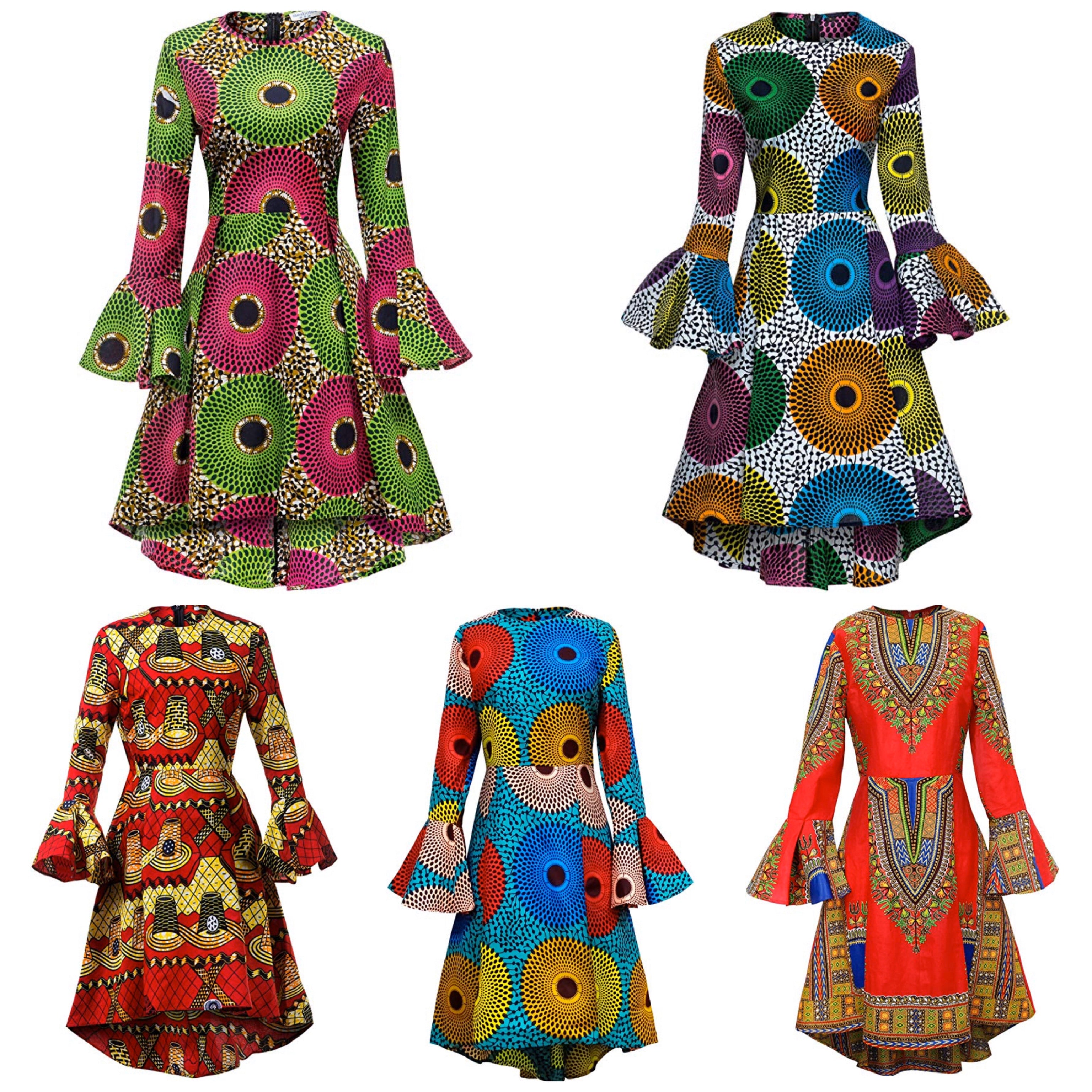 Women African Print Long Sleeve Ankara Dress, Sizes Small – 4Xlarge