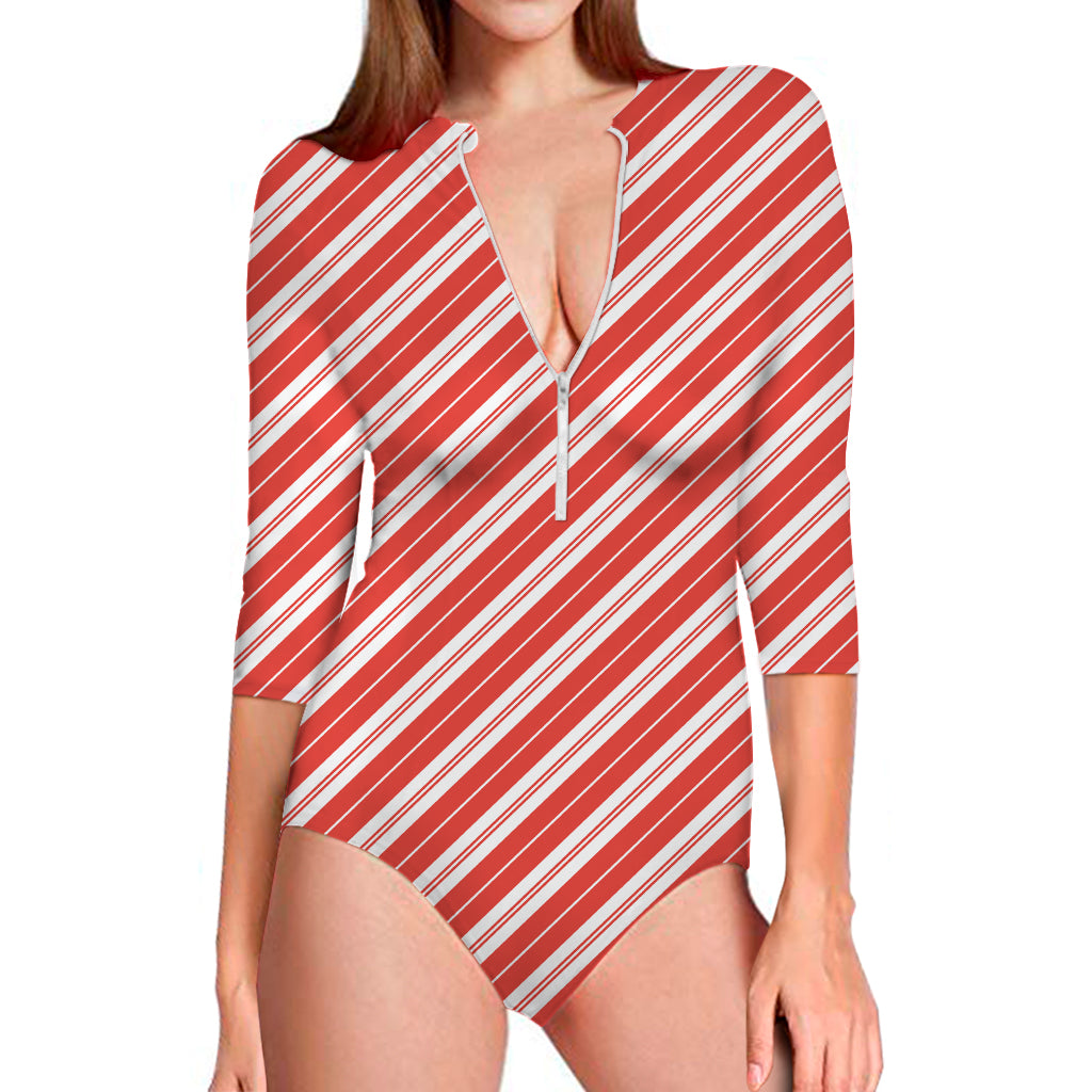 Candy Cane Stripes Pattern Print Long Sleeve One Piece Swimsuit