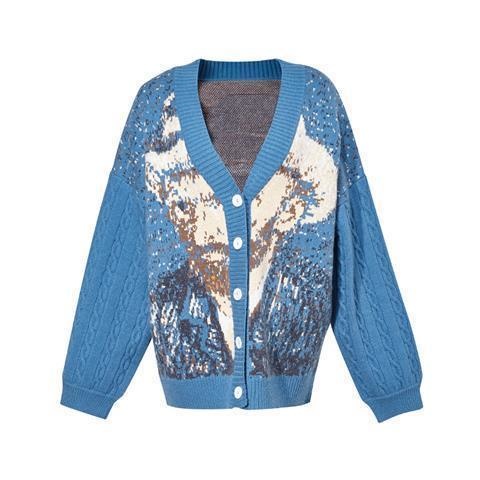 Unisex Cardigan Sweater Harajuku Van Gogh Sunflower Knitted Button Cardigan Women Men Autumn Casual Loose Knit Top Green Blue alx