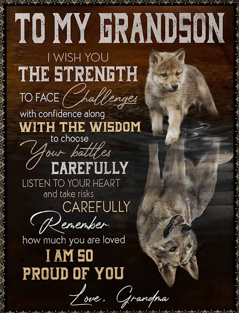 To My Grandson Fleece Blanket, Personalized Birthday Gift For Grandson From Grandma Blanket, I Wish You The Strength To Face Challenges Wolves Blanket