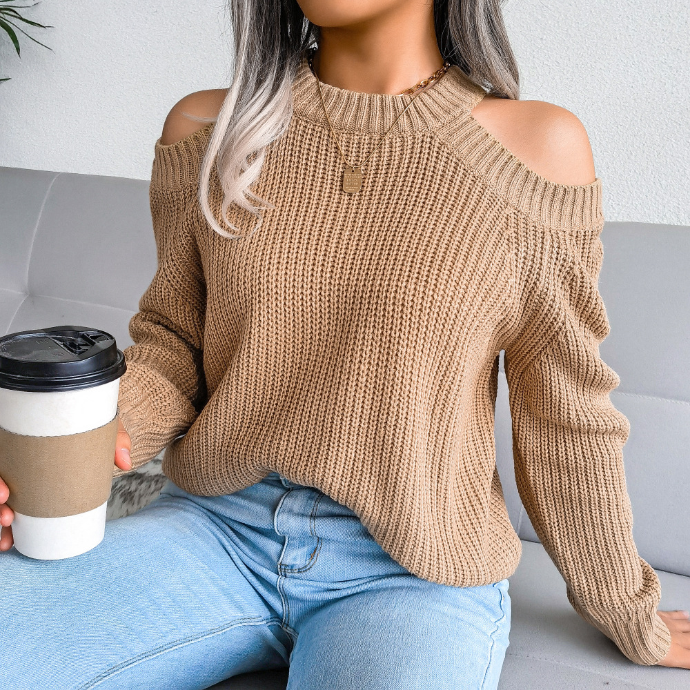 Womens Long Sleeve Cold Shoulder Knit Sweater Tops Casual Loose Oversized Knitted Jumper Pullover Autumn Winter Clothing alx