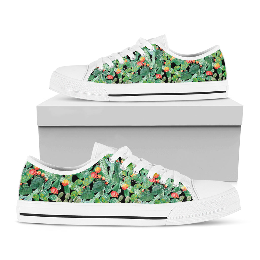 Watercolor Cactus Plant Print White Low Top Shoes