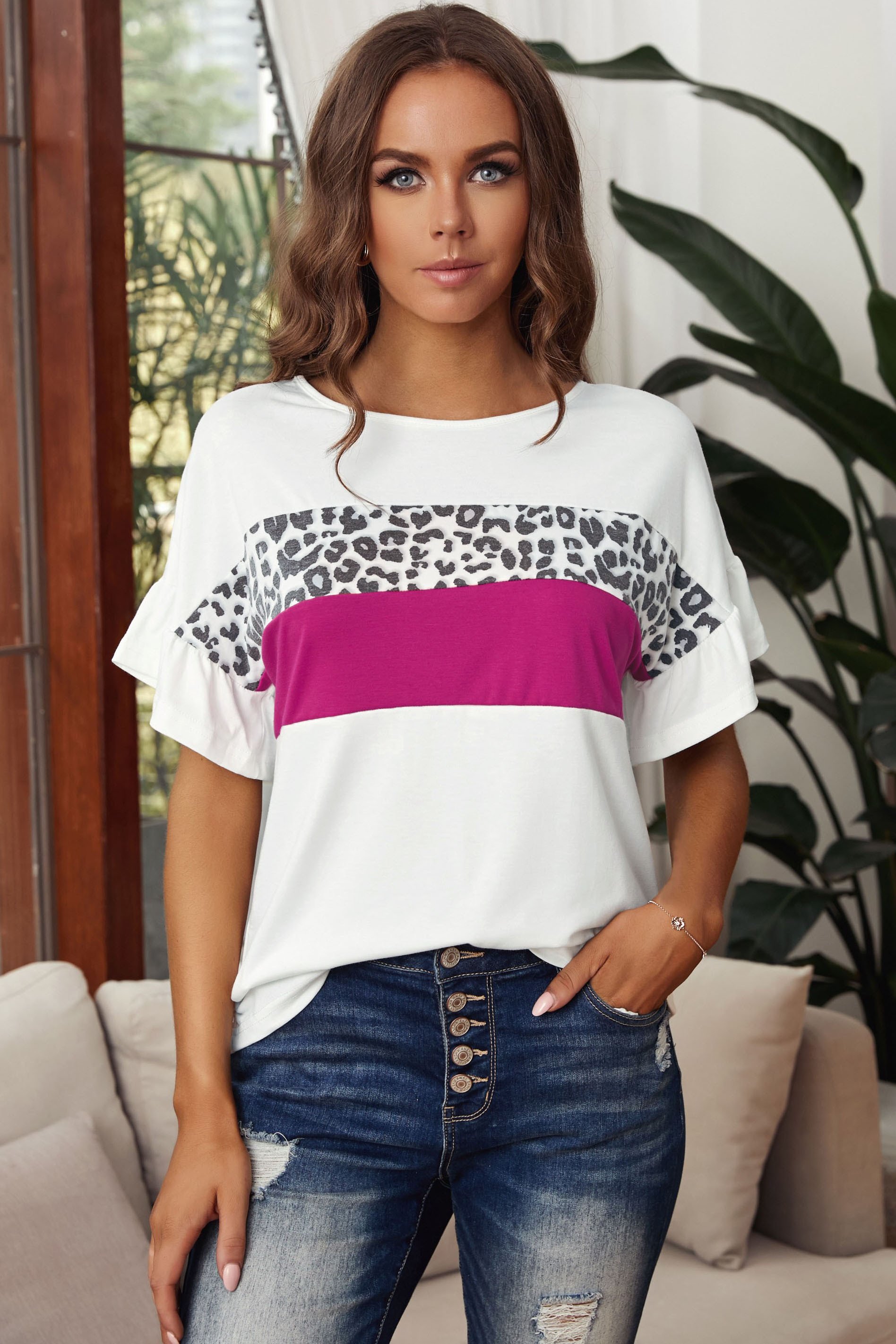 White Leopard Color Block Short Sleeve Tee