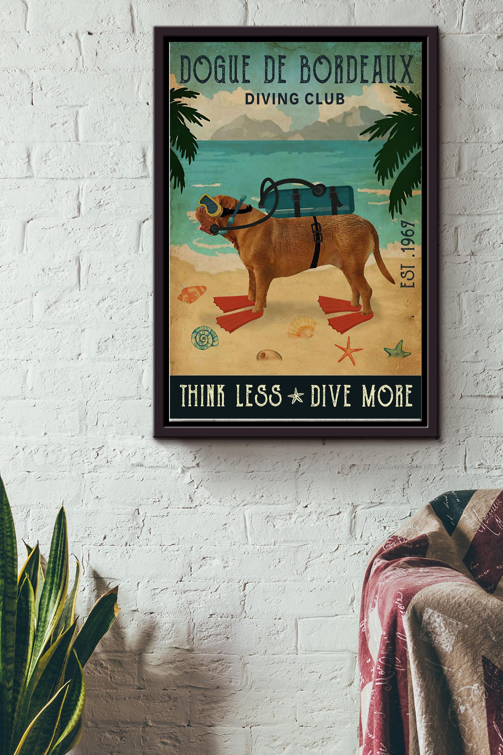 Dogue De Bordeaux Diving Club Poster – Animals Wall Art – Gift For Dog Lovers Beach Club Pitbull Foster Dog Cafe Bedroom Puppy Lovers Children Playground Framed Matte Canvas