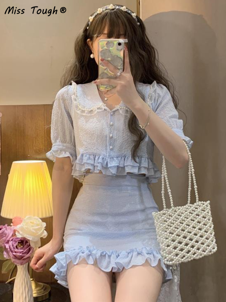 Summer Chiffon Pearls Sweet Two Piece Set Women Korean Lace Ruffle Flounce Kawaii Mini Skirt Set Female Slim Fit Party Suit 2022 alx