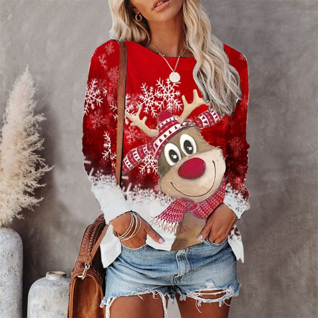 Christmas Vintage O-Neck Long Sleeve T Shirt Women Autumn Winter Top Flower Deer Christmas Tree Print Casual Y2K Clothes T-Shirt