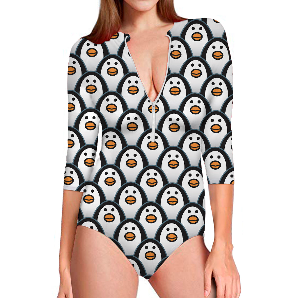 Cute Penguin Face Pattern Print Long Sleeve One Piece Swimsuit