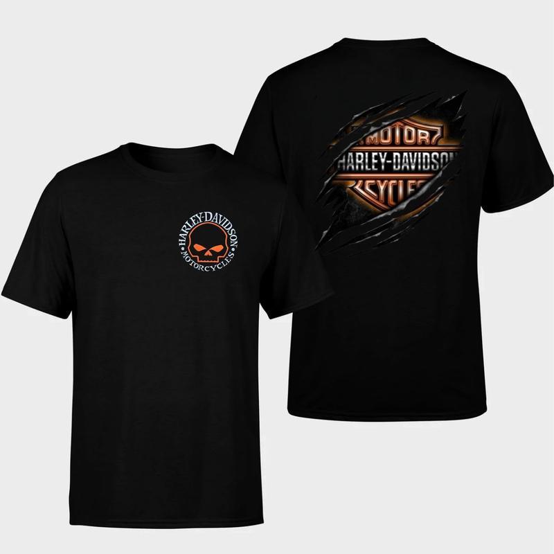 Harley Davidson Motorcycles T-Shirt, 2-Sided Print, Ripped Bar and Shield Design, Bold Biker Style, Vintage Ride Vibes, Perfect for Road Warriors