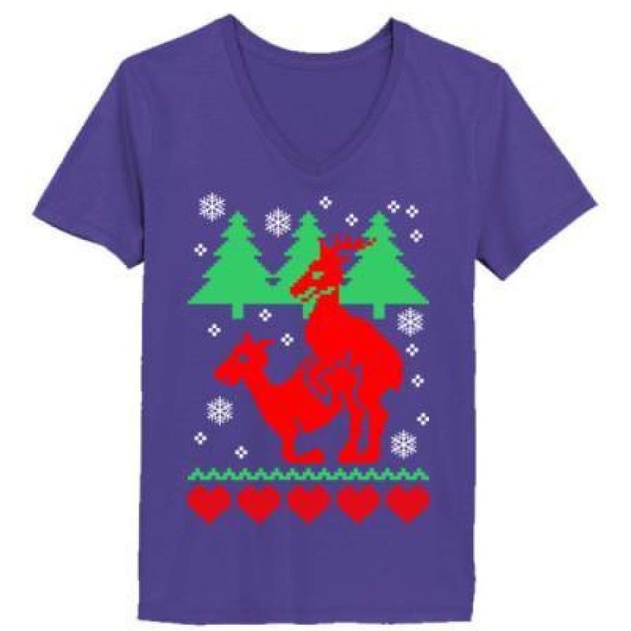 AGR Ugly Christmas Humping Reindeer – Ladies’ V-Neck T-Shirt