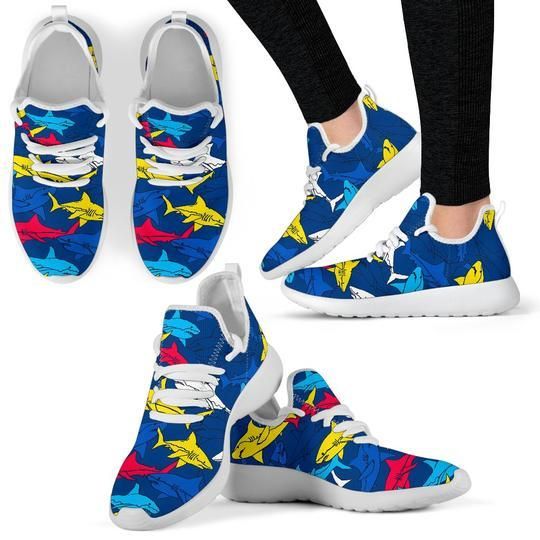 Shark Color Pattern Mesh Knit Sneakers Shoes For Women, Men