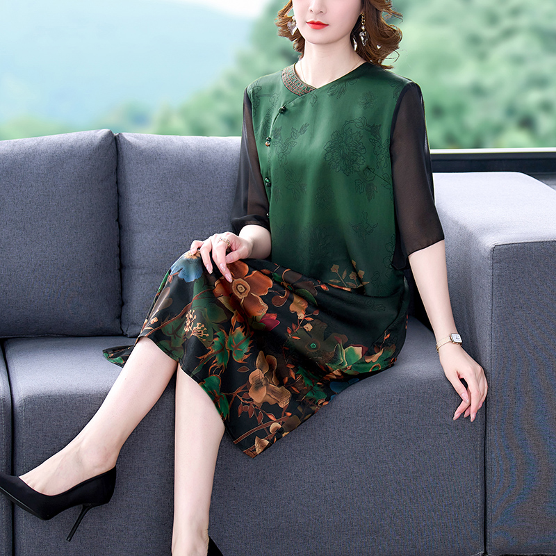 Summer New Floral Natural Silk Patchwork Midi Dress Women Korean Vintage Casual Dress 2022 Elegant Loose Waist Evening Dress alx