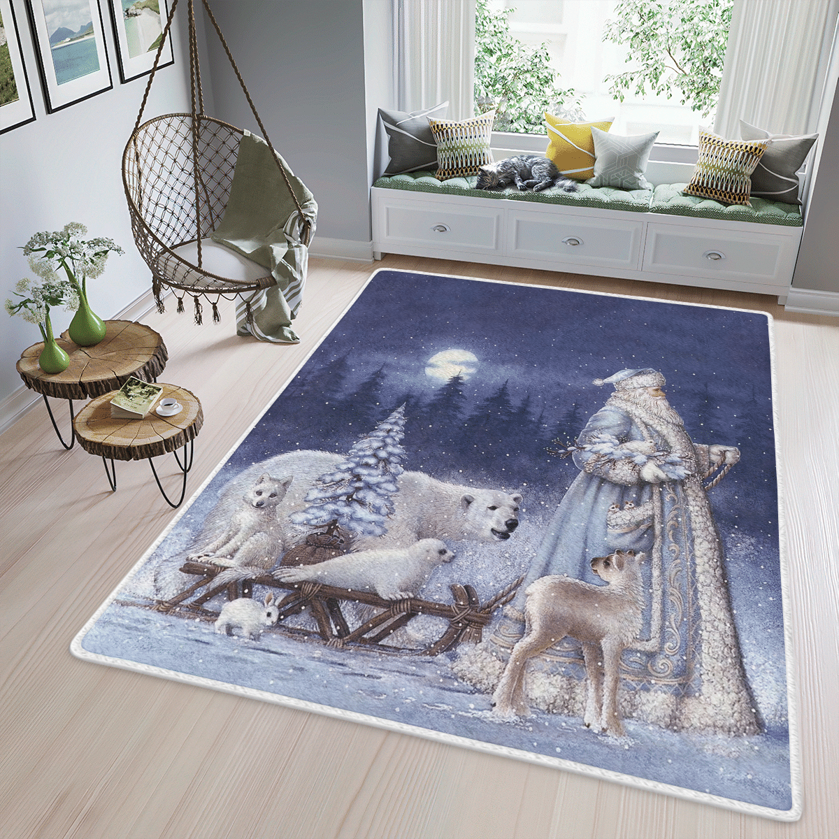 Wooni Santa Claus And White Animals Area Rug Wn081160