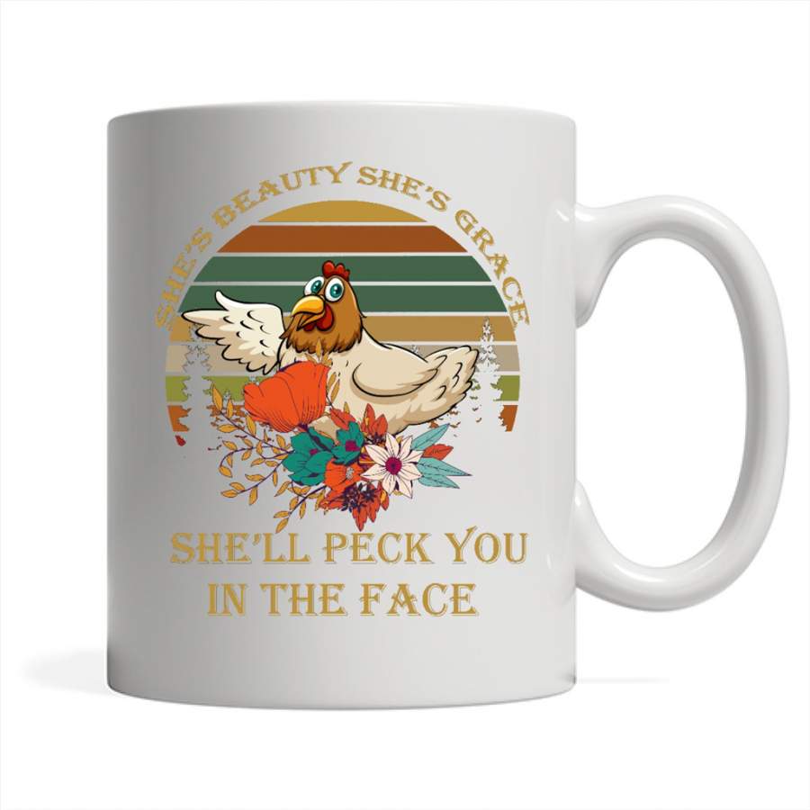 She’s Beauty She’s Grace She’ll Peck You In The Face, Chicken Vintage Retro Design – Full-Wrap Coffee White Mug