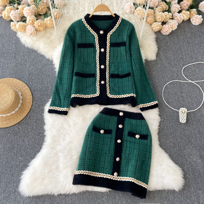 Autumn Winter Women Outfits Elegant Vintage Sweater Imitation Mink Velvet Knitted Cardigan Tops Mini Skirt 2 Piece Set Women alx