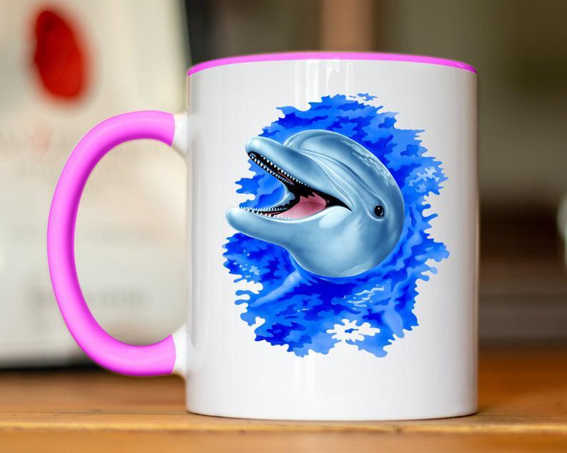 Funny Smiling Dolphin Art Design , Accent Colored Mugs, Ceramic Coffee Mugs