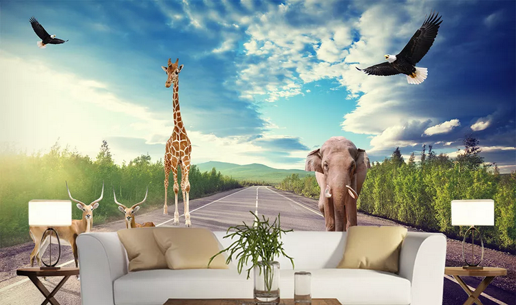 3D Animal Sky Forest Road Wall Mural Wallpaper Lqh 176