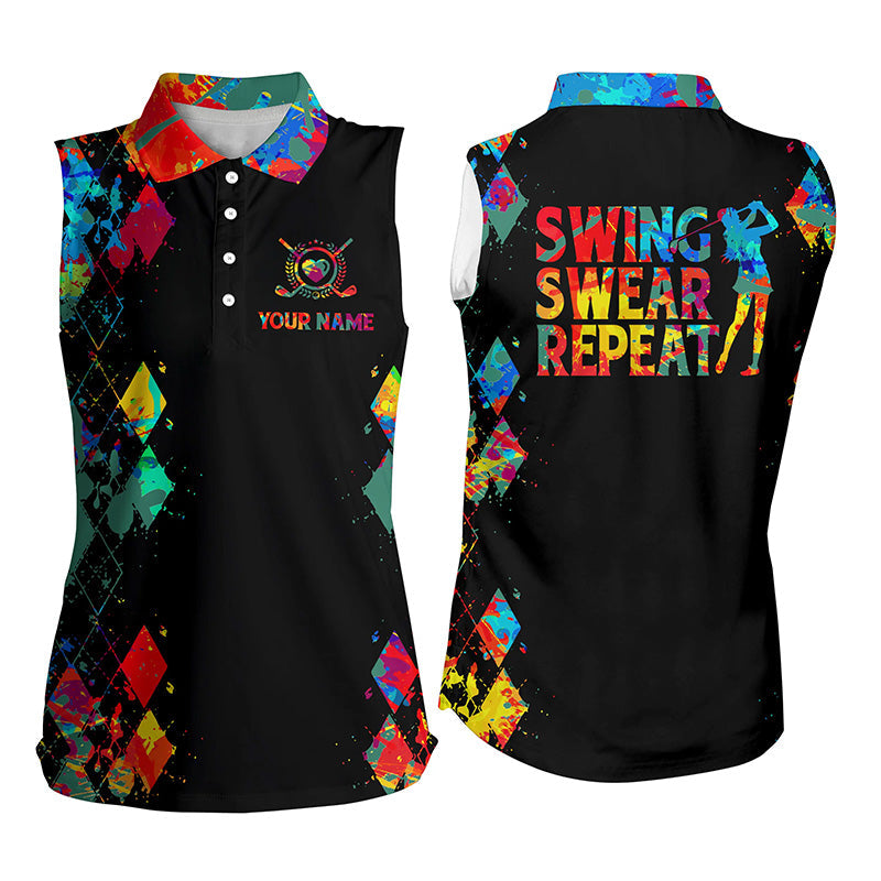 Women’S Sleeveless Golf Polo Shirt Custom Watercolor Swing Swear Repeat Black Golf Shirt