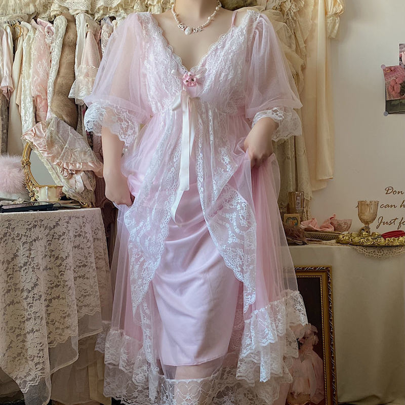 1 Set Fairytale Women Princess Pink Gauze Robe+Nightdress.Lady Girl Rose Lace Nightgowns Tulle Pajamas Vintage Sleepwear Nightie alx