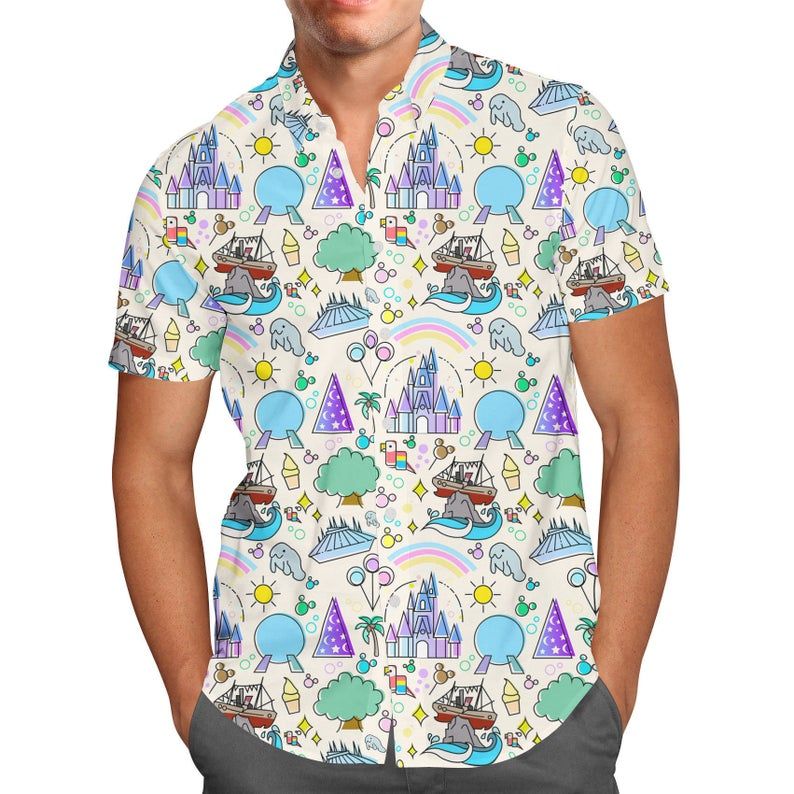 Walt Disney World Park Icons Light Button Down Hawaiian Shirt Ha16811