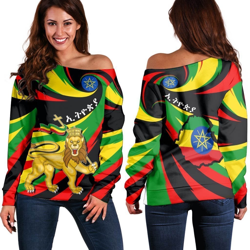 Wonder Print Shop Women’S Off Shoulder Sweater Ethiopia Flag Lion Map