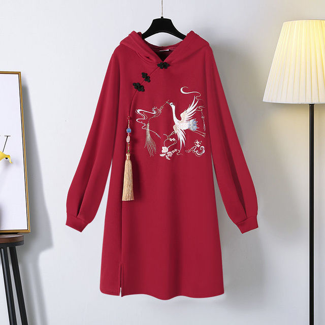 Spring Women’s Sweatshirt Dress Women Mid-length Vestido Traditional Chinese Style Hanfu Cheongsam Hoodies Oversized Hoodie alx