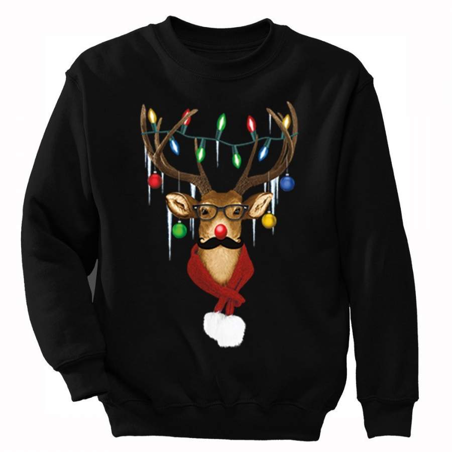 XtraFly Apparel Men’s Reindeer Wearing Sweater Moustache Lights Ugly Christmas Pullover Crewneck-Sweatshirt