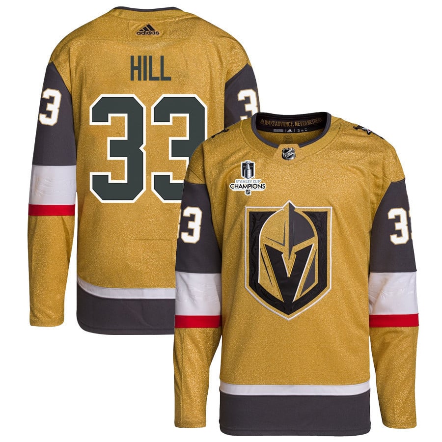 Adin Hill 33 Vegas Golden Knights Stanley Cup 2023 Champions Patch Home Breakaway Men Jersey – Gold