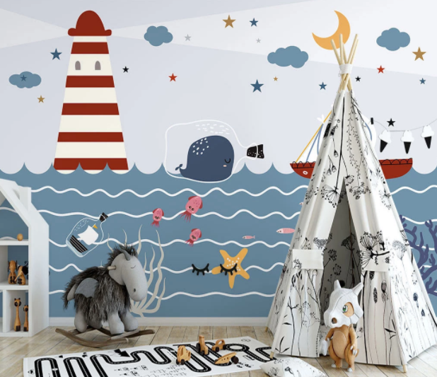 3D Cartoon Sea Dolphin Lighthouse Wall Mural Wallpaper Lqh 22