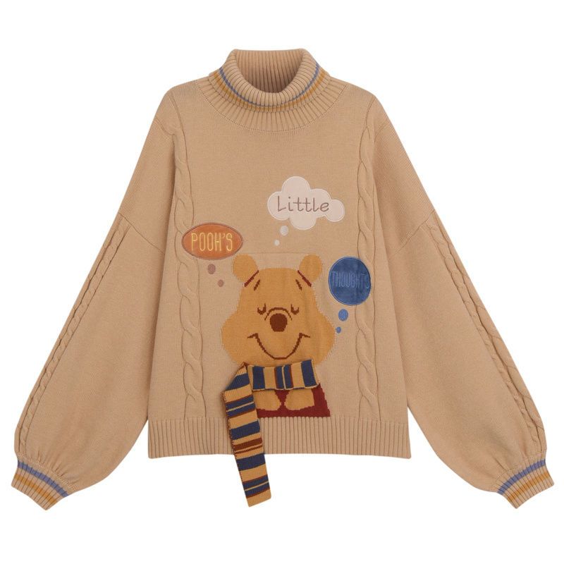 Small College Style Girl High Collar Pullover Bear Sweater Winter Fried Dough Twist Lazy Cute Student Tops Cartoon Print Jumper alx