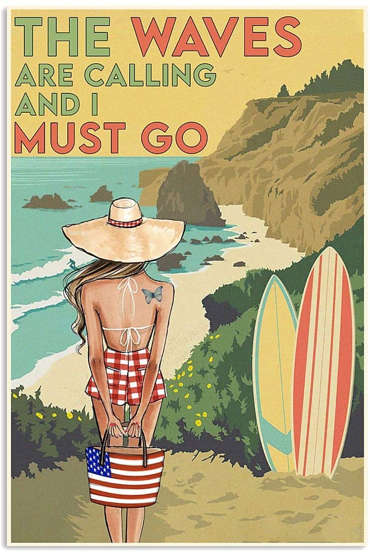 Vintage American Girl Surfing – The Waves Are Calling Must Go Poster Art Print      Home Decor Gift For Men Women Family Friend On Birthday Xmas