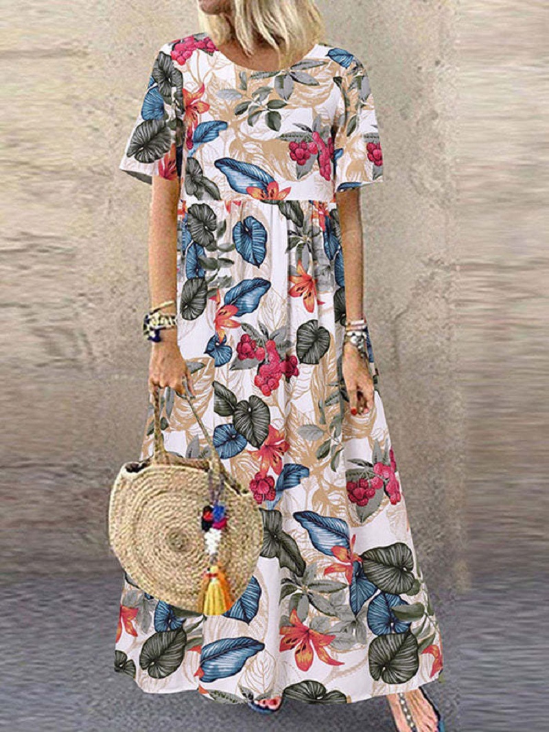 2022 Bohemian Holiday Summer Women Vintage Floral Printed Short Sleeve Beach Dress Loose Long Vestido Robe Femme Plus Size alx