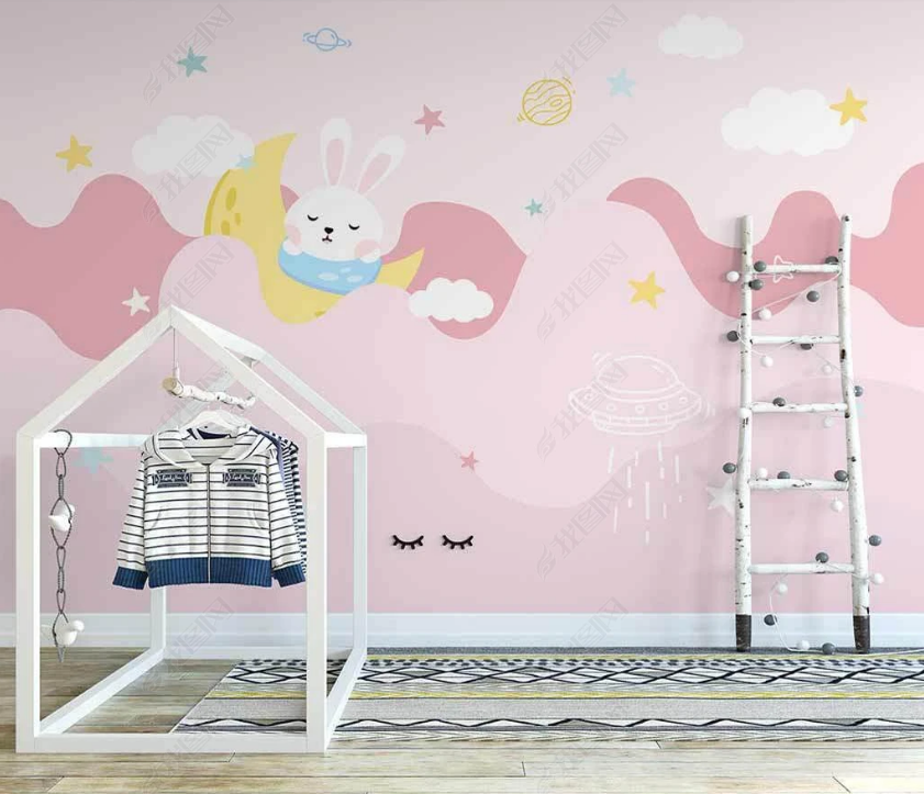 3D Cartoon Pink Cloud Bunny Wall Mural Wallpaper Lqh 89