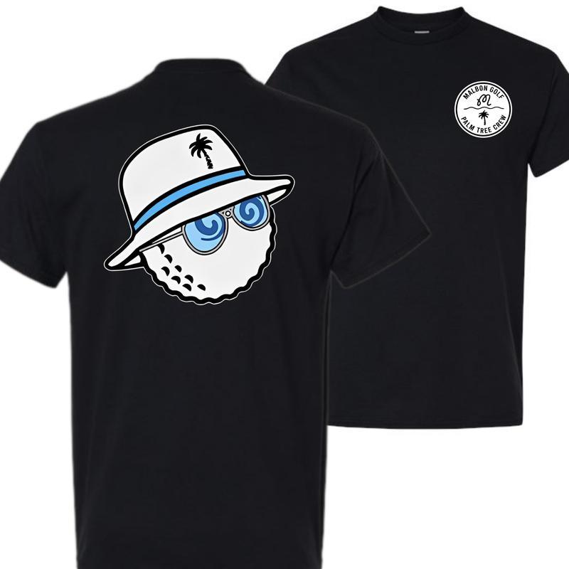 Malbon Golf T-Shirt, Palm Tree Circle Logo, Golf Ball Cartoon Back, Classic Fit, Available in Various Colors
