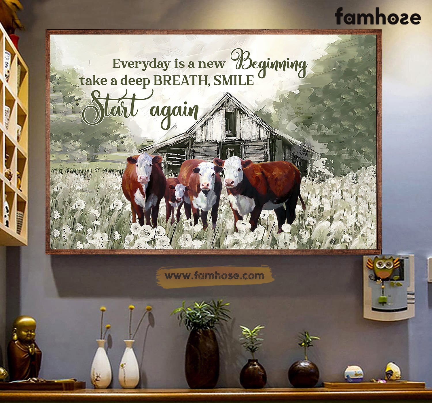 Cow Poster/Canvas, Everyday Is A New Beginning Take A Deep Breath Smile, Cow Canvas Wall Art, Poster Gift For Cow Lovers