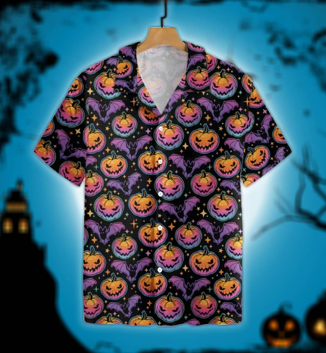 Halloween Purple Glowing Scary Evil Pumkins Abtract Hawaii Aloha Shirts Dh Ha11571