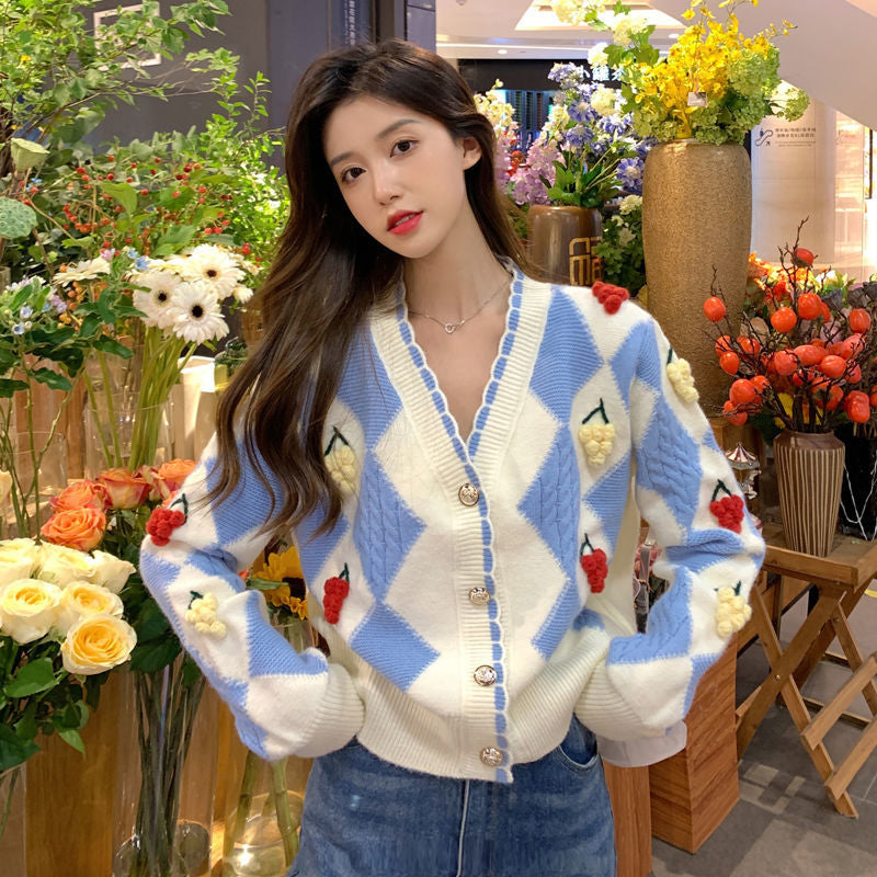 V-Neck Fruit Embroidered Cardigan Sweater