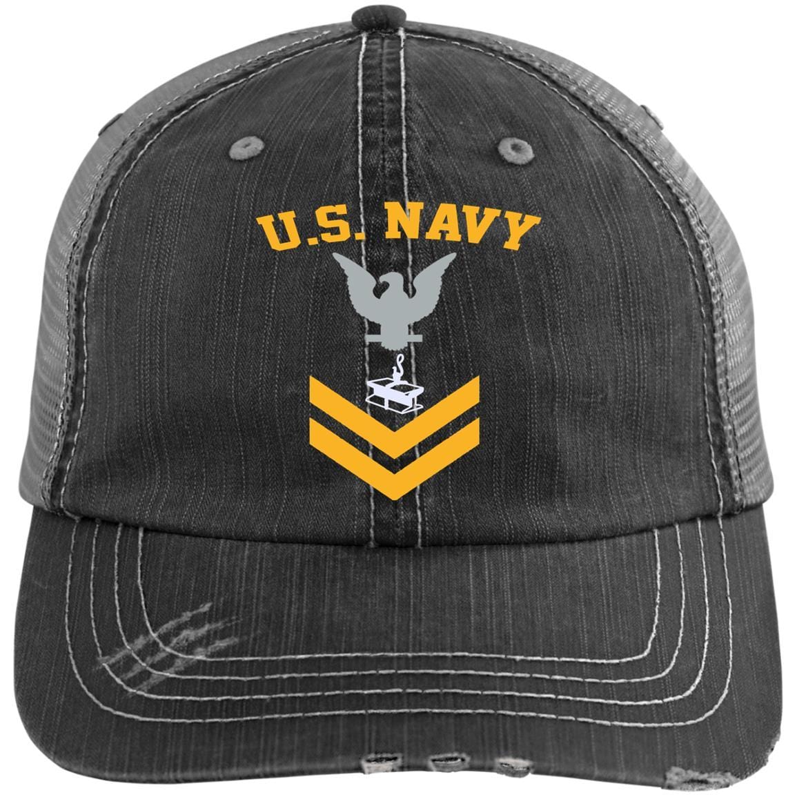 Us Navy Steelworker Sw E-5 Rating Badges Gold Stripe Printed Distressed Unstructured Trucker Cap