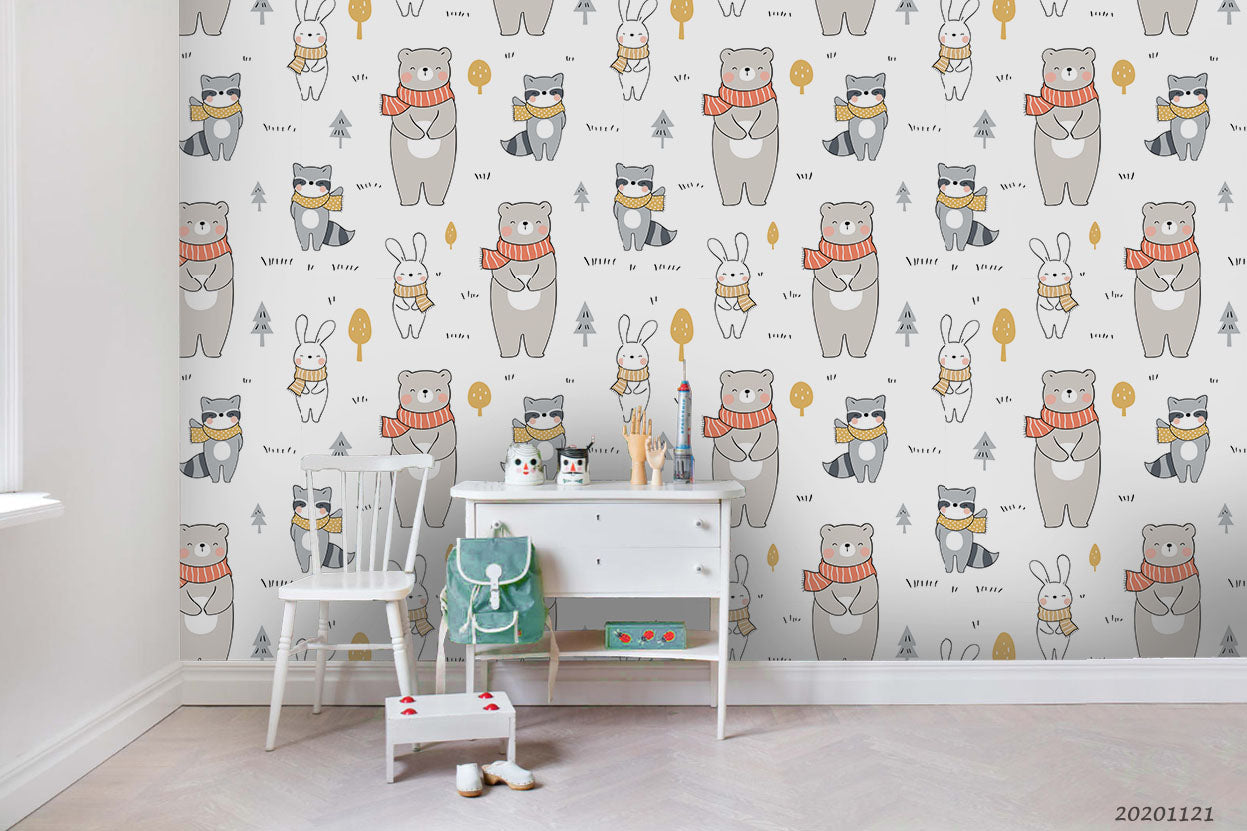 3D Cartoon Animals Bear Rabbit Wall Mural Wallpaper Lqh 65