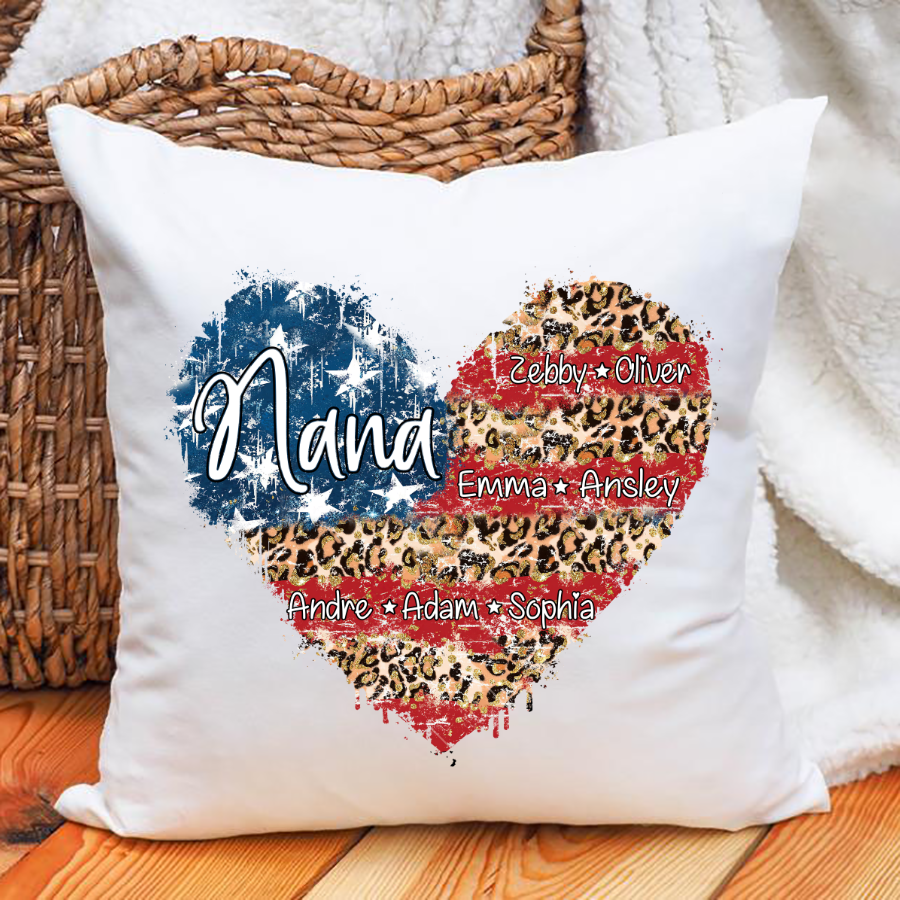 Personalized American Flag Nana Heart Leopard Indoor Pillow